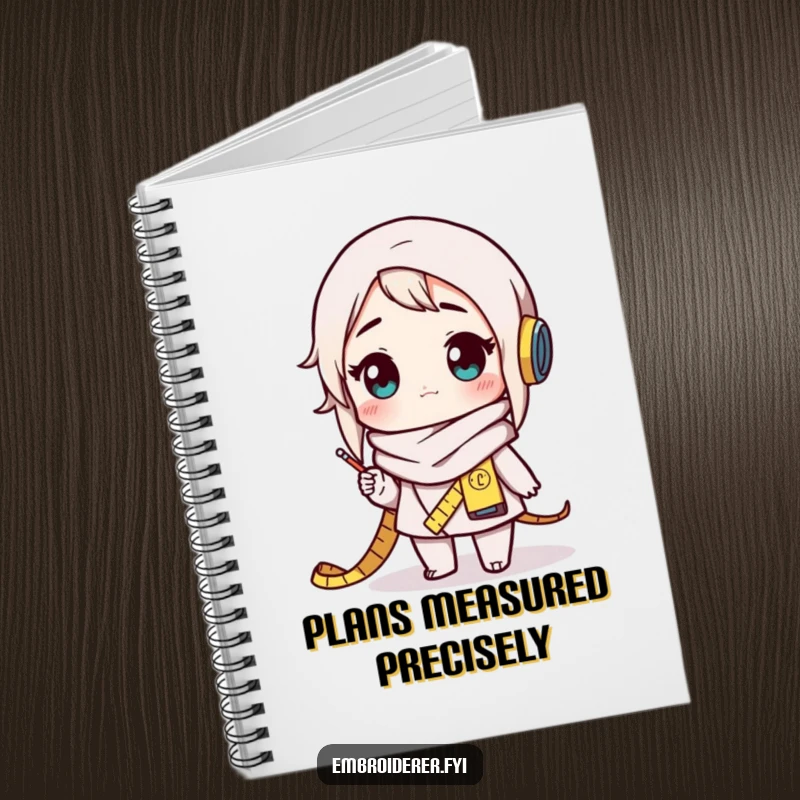 Funny crafter notebook showing a character with a measuring tape scarf, looking amazed at their creation, perfect for note-taking.