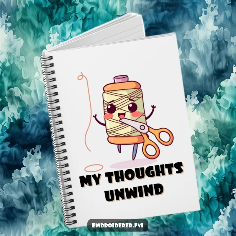 Funny anthropomorphic thread spool giggling and dancing with scissors on a notebook cover, inspiring playful sewing projects and ideas, perfect for funny notebook collectors.