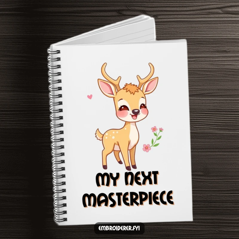 Funny notebook cover with a delighted deer admiring a beautifully stitched embroidery pattern, inspiring creativity and organization.