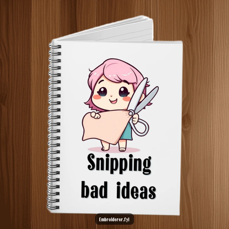 Funny notebook featuring a happy character with comically large scissors, poised to cut a fabric swatch with excitement.