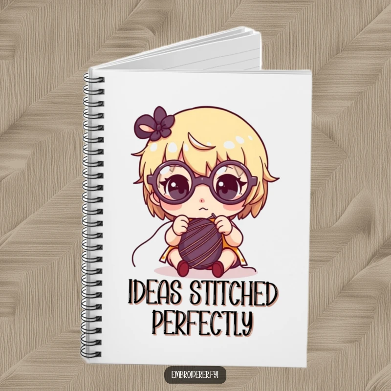 Funny notebook cover with a cute character wearing large glasses, intently sewing with a needle and thread.