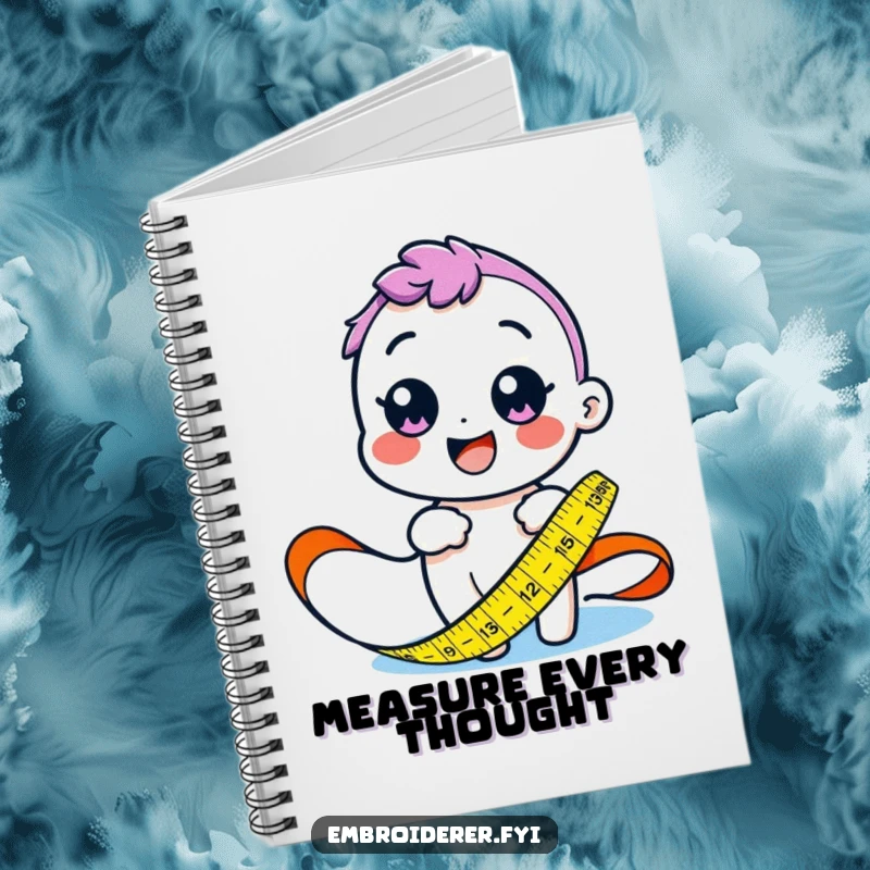 Funny notebook cover with a happy character measuring fabric with a colorful tape measure, ideal for sewing plans.