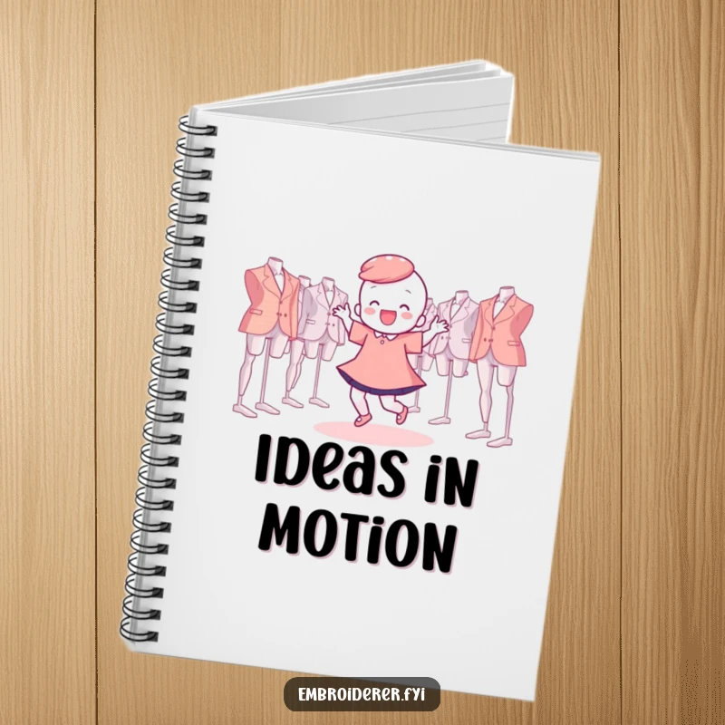 Funny Notebook with a character doing a happy dance surrounded by floating embroidery hoops, perfect for a joyful crafter.