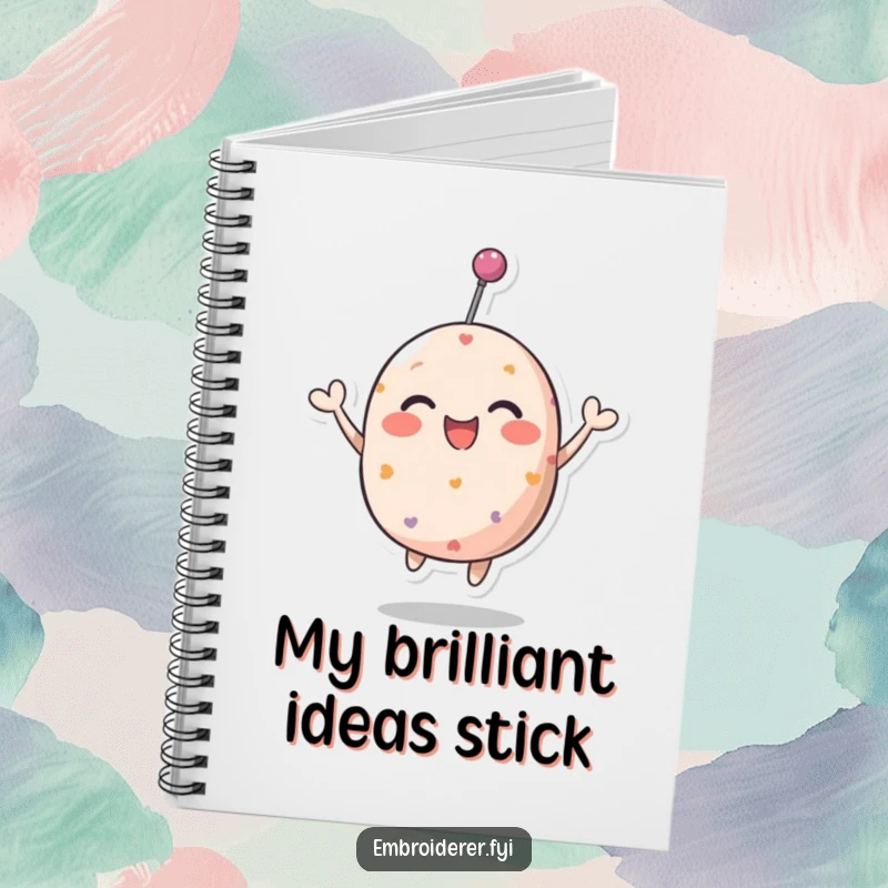 Funny pincushion notebook with a playful character bouncing happily on the cover, perfect for jotting notes.