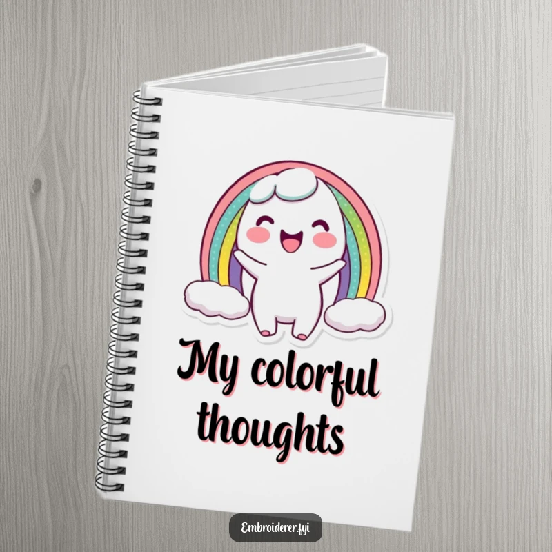 Funny notebook featuring a character showing off a miniature rainbow arc, encouraging joyful writing and creative planning with colorful humor.