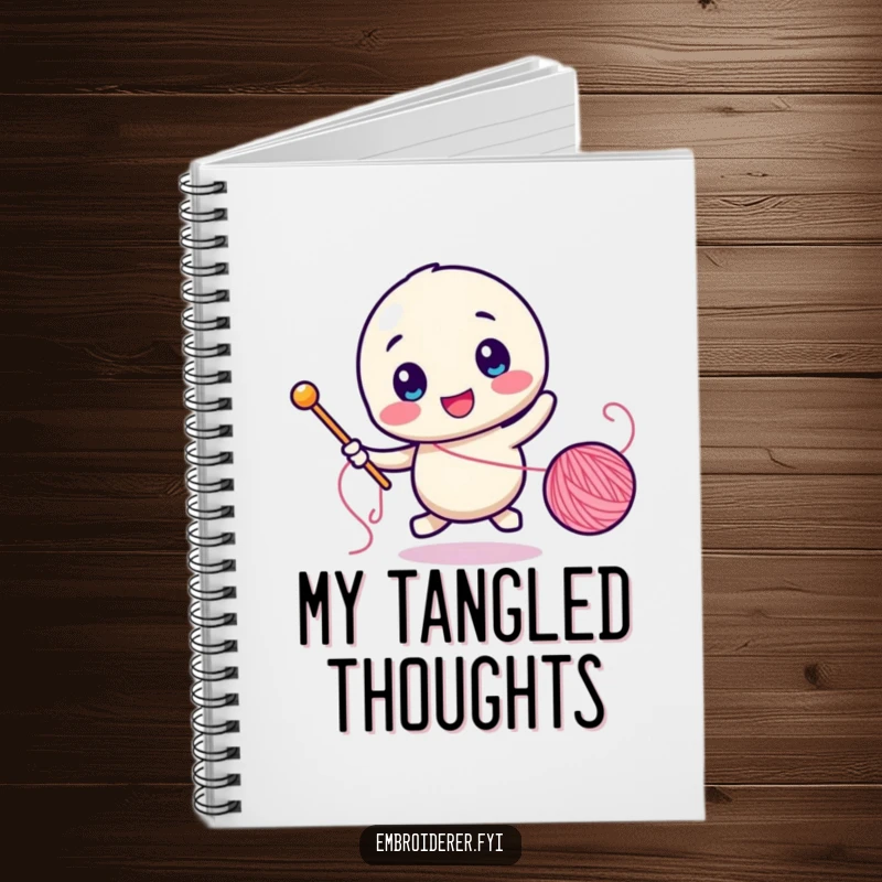 Funny notebook featuring a character comically chasing a spool of thread, ideal for sewing notes.