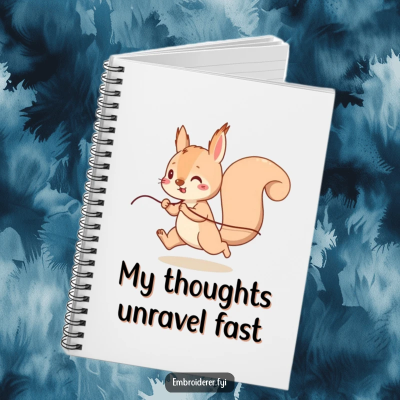 Funny Squirrel Thread Notebook, a playful squirrel running with thread, lined pages for notes with a humorous cover.