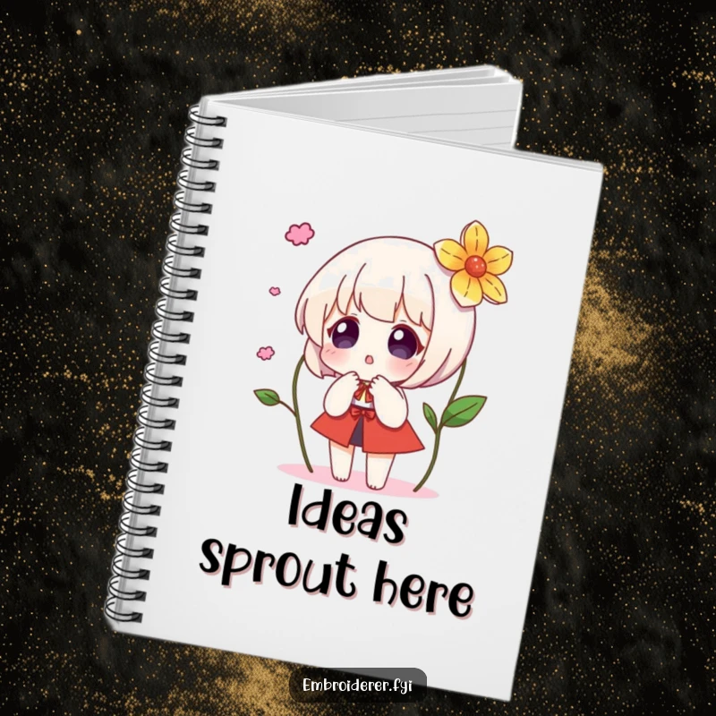 Funny notebook cover featuring a character’s surprised face as an embroidered flower magically appears, ideal for journaling.