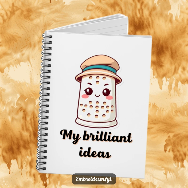 Funny anthropomorphic thimble with a tiny hat on a notebook cover, inspiring determination and goal-setting, perfect for funny notebook collectors.