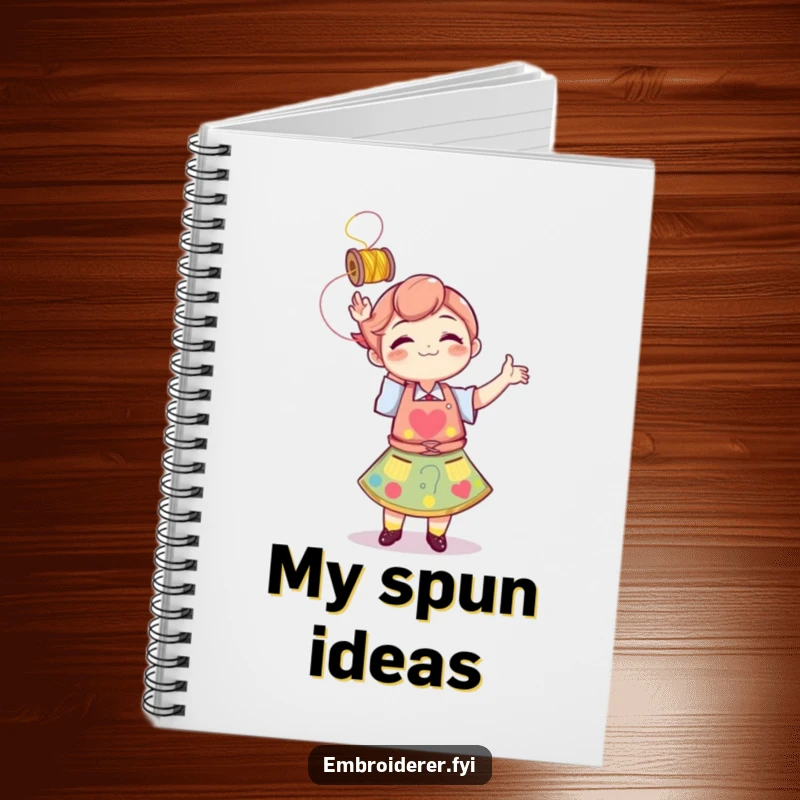 Funny character in an apron playfully tossing a spool of thread, featured on a notebook cover for creatives.