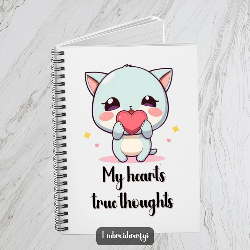 Funny Notebook: A character excitedly presenting a small, crookedly stitched embroidered heart, perfect for jotting down heartfelt thoughts.