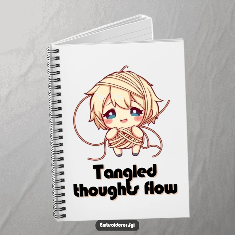 Funny notebook with a character comically tangled in yarn, looking flustered but smiling, ideal for journaling knitting ideas.