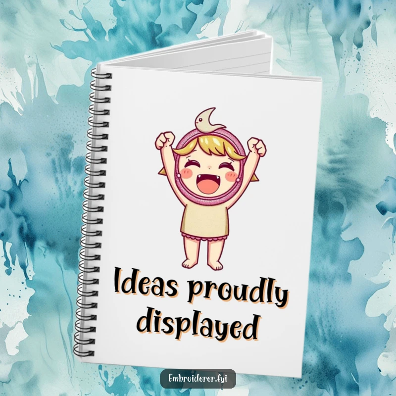 Funny embroidered patch notebook cover, showing a character holding a beautiful embroidered patch, symbolizing creative success and planning.