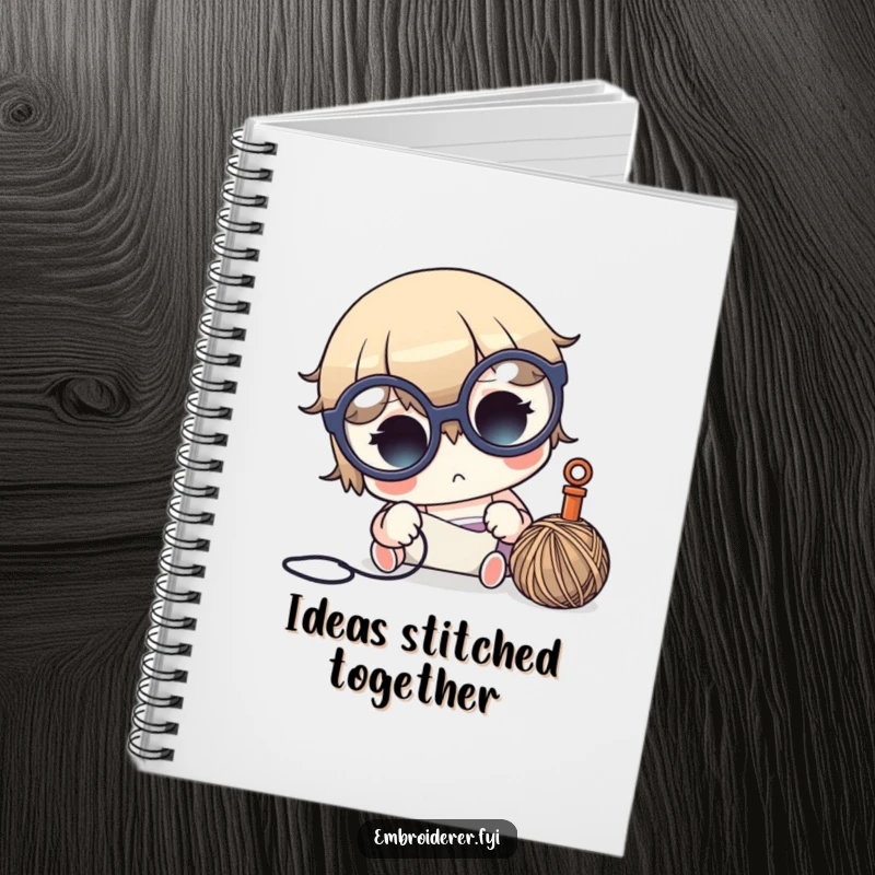 Funny crafter notebook with a cute character in oversized glasses, focused on needle and thread, for journaling.
