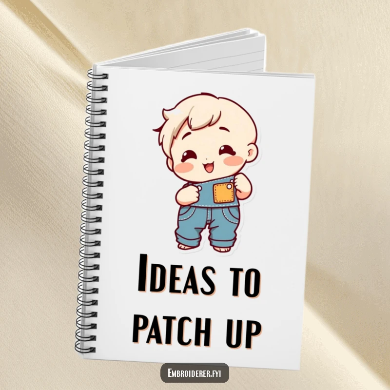 Funny cheerful character sewing a patch onto overalls on the cover of a notebook.