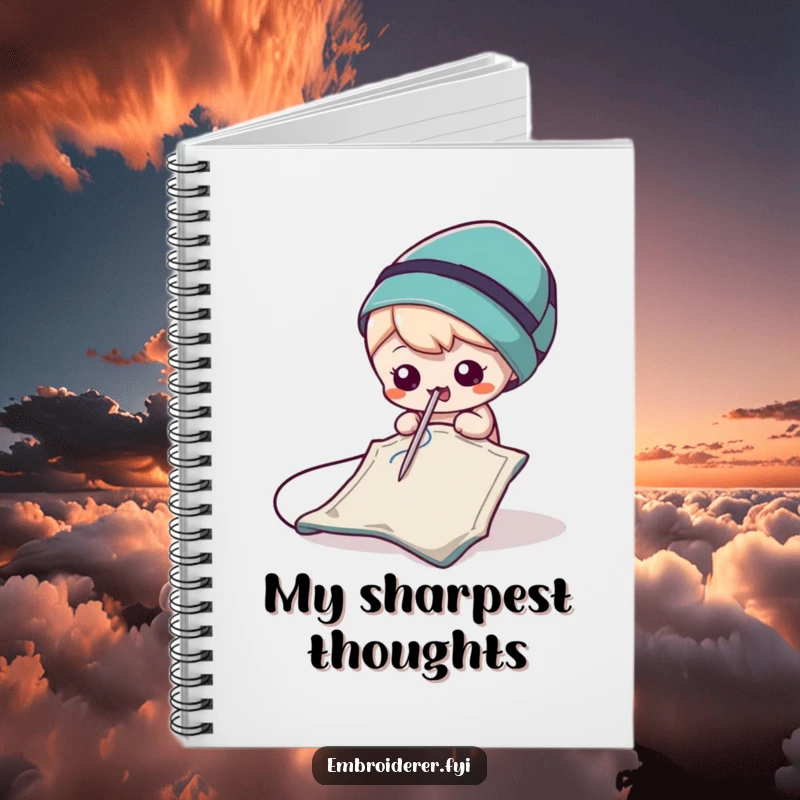 Funny Needle Notebook cover showing a mischievous needle playfully poking fabric, ready for sewing notes and designs.