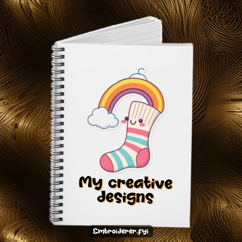 Funny Notebook featuring a cheerful sock sewing a rainbow onto a cloud.