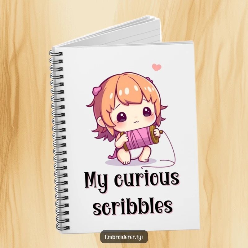 Funny notebook cover with a curious character studying a spool of thread with wonder, ideal for creative journaling.