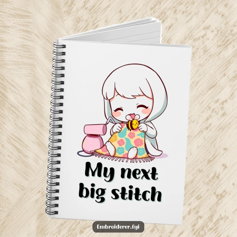 Funny notebook cover showing a character sewing a tiny, smiling bee, inspiring creativity for writers and crafters.