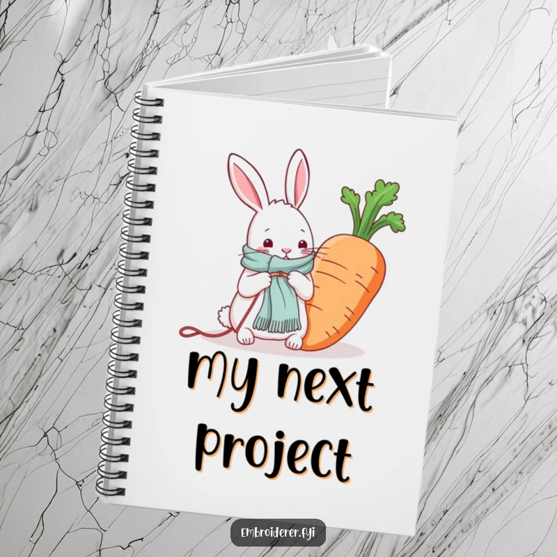 Funny notebook featuring a rabbit knitting a scarf for a giant carrot, perfect for capturing creative thoughts.