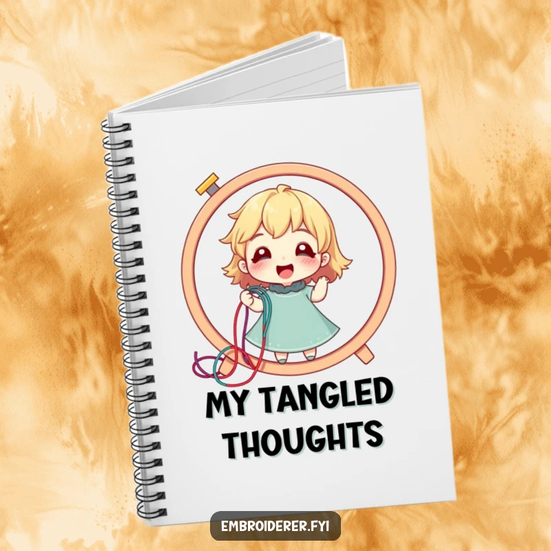 Funny notebook with a delighted character pulling a colorful thread from an embroidery hoop, for notes and sketches.