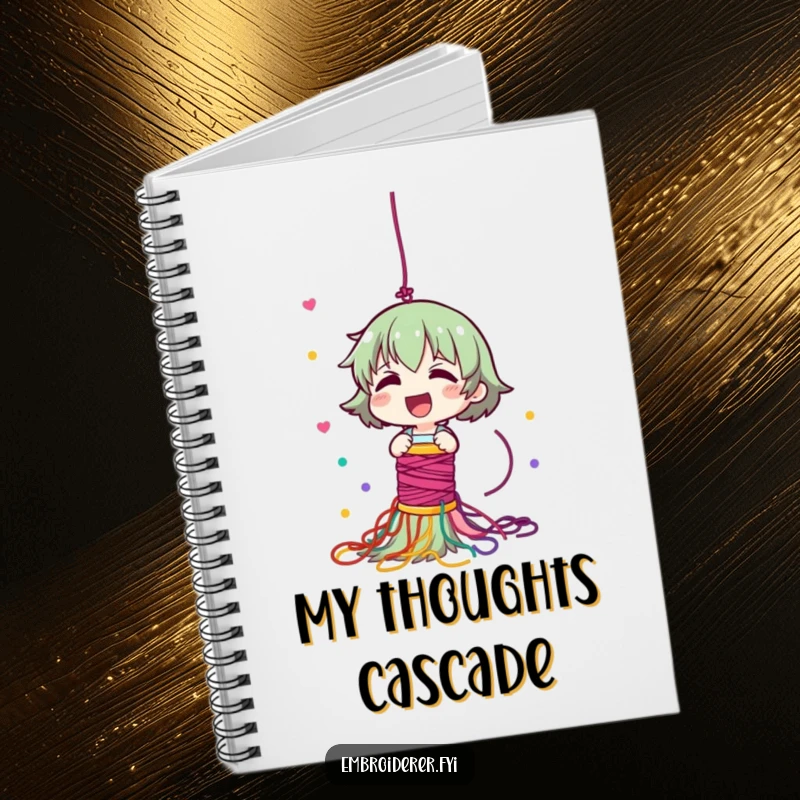 Funny notebook featuring a giggling character dropping a spool of thread, creating a colorful and inspiring cascade of yarn.