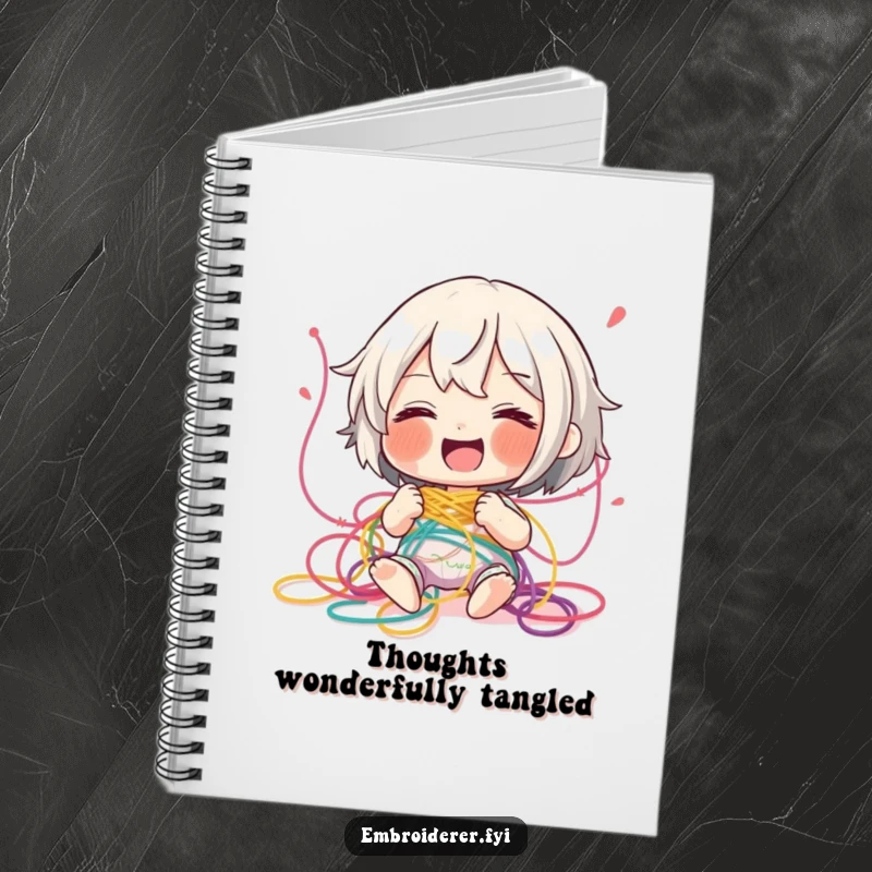 Funny tangled thread notebook cover, showing a character giggling amidst colorful embroidery threads, symbolizing creative chaos and planning.