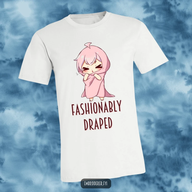 Funny t-shirt showcasing a character dramatically draped in fabric, striking a silly, theatrical pose, perfect for expressing a flamboyant personality.