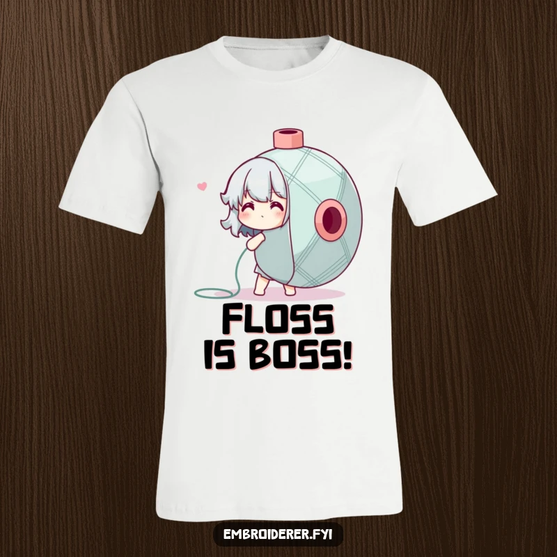 Funny T-Shirt featuring a character adorably battling a massive spool of embroidery floss, a humorous depiction of crafting.