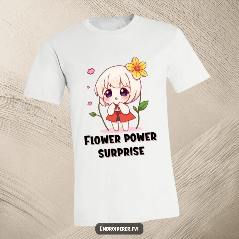 Funny t-shirt depicting a character reacting with surprise to a magically appearing embroidered flower, embodying unexpected delight.