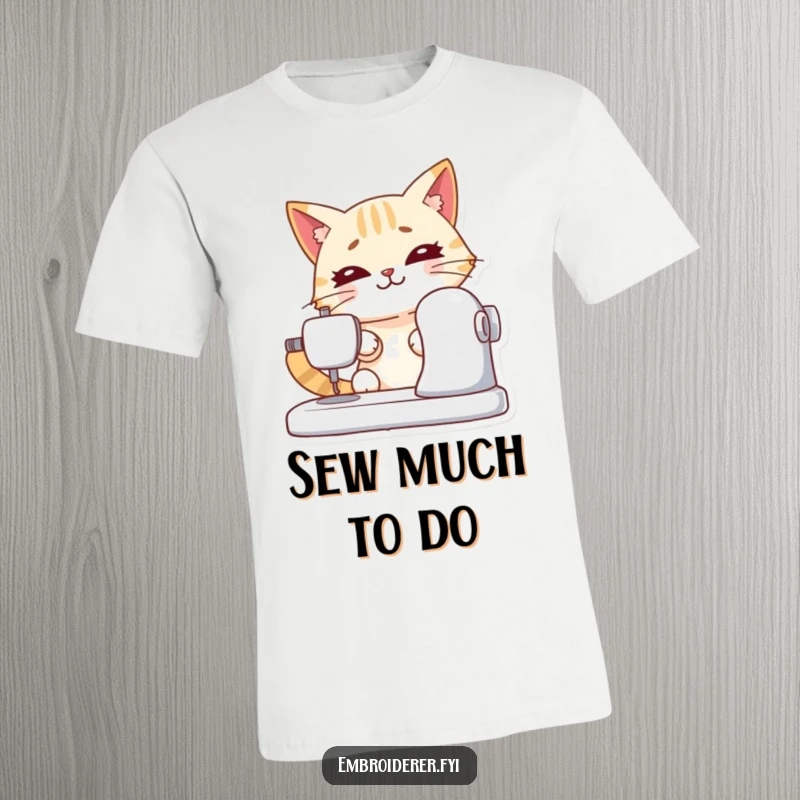 Funny t-shirt depicting a determined cat sewing with intense focus, celebrating the dedication of crafters.
