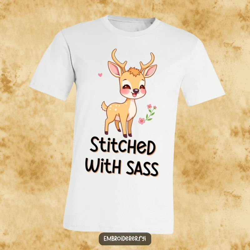 Funny T-shirt depicting a beaming deer holding up an embroidered hoop, showcasing his impressive and colorful stitched artwork with pride.