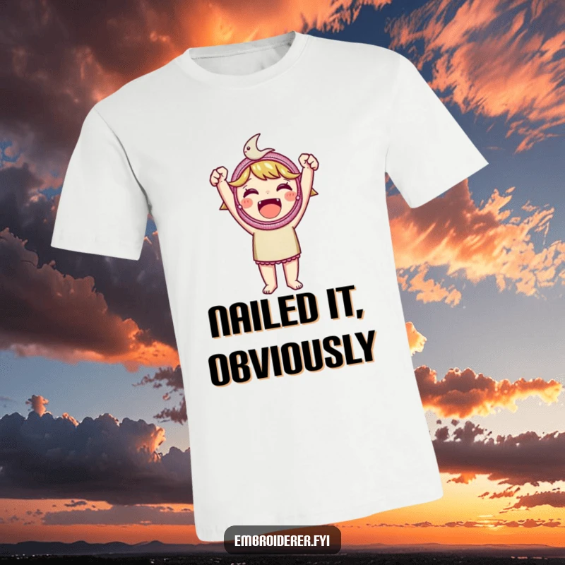 Funny embroidered patch t-shirt, depicting a character beaming as they hold up a meticulously embroidered patch, celebrating a finished project.