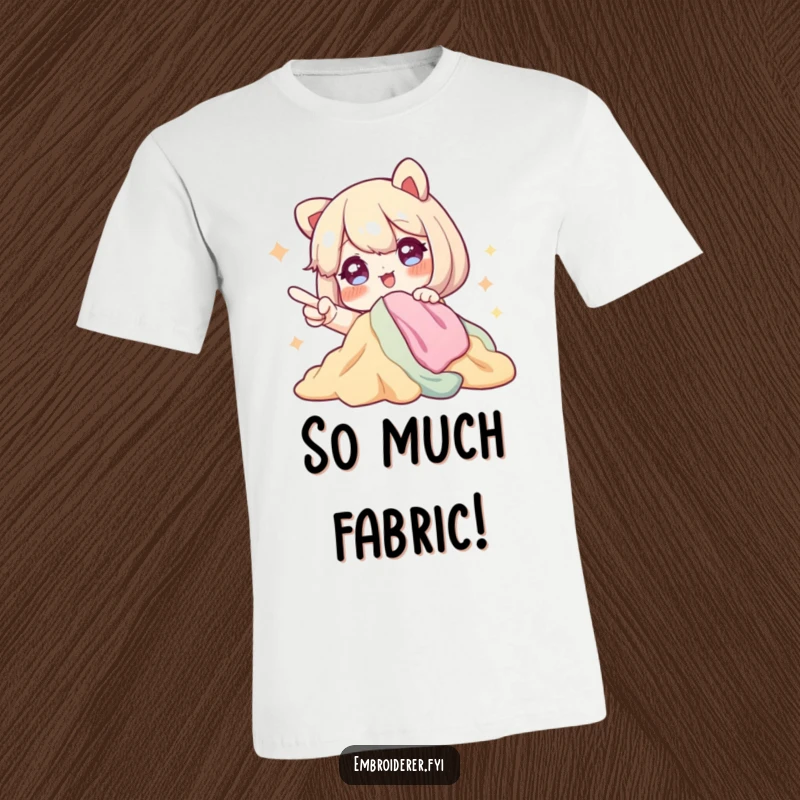Funny t-shirt with a character sporting sparkling eyes, excitedly pointing at a pile of fabric, perfect for sewing and crafting enthusiasts.