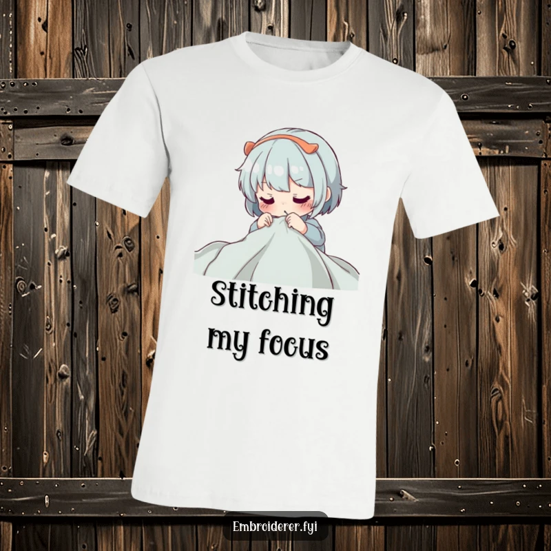 Funny T-Shirt: A character intensely focused on guiding a needle through fabric, highlighting the concentration required for detailed sewing.