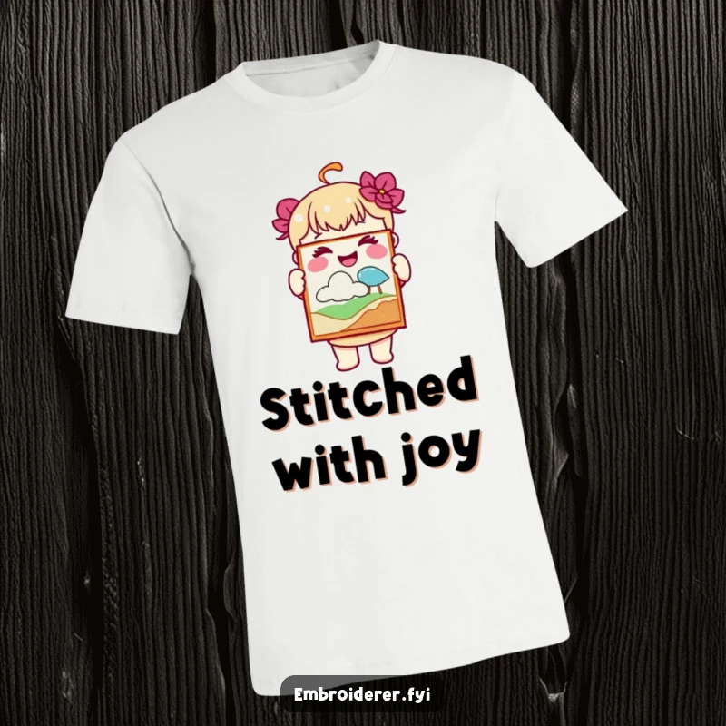 Funny t-shirt depicting a joyful character proudly displaying a piece of intricate embroidered art, celebrating crafting achievements.
