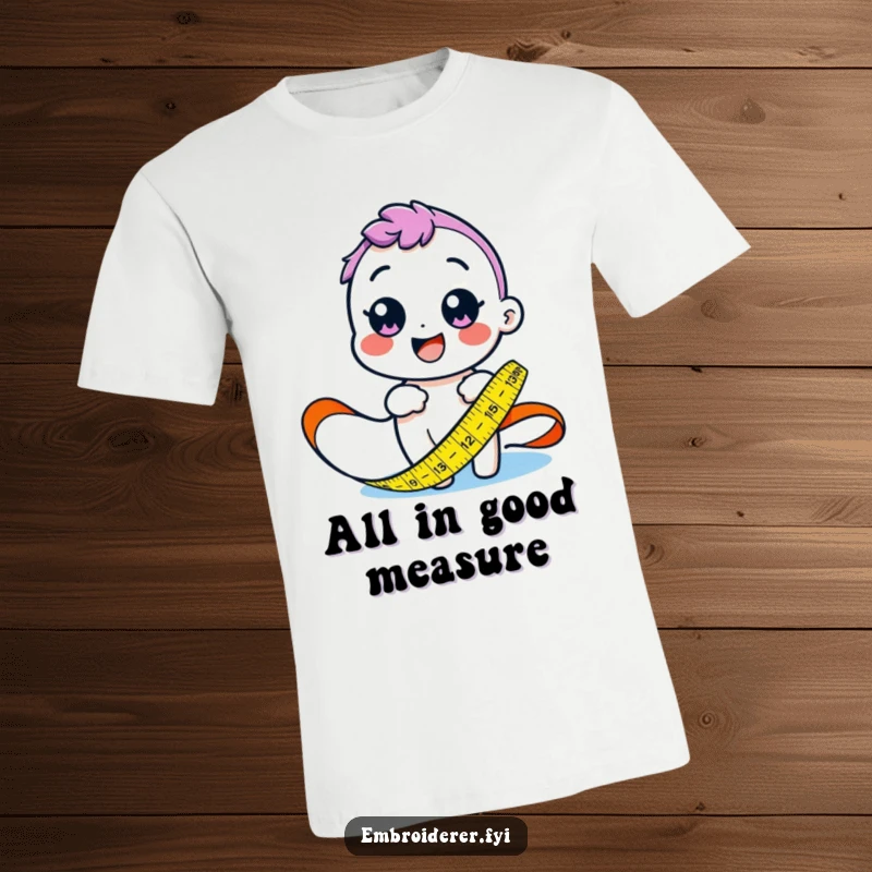 Funny t-shirt featuring a joyful character measuring fabric with a vibrant tape measure, celebrating precise crafting.