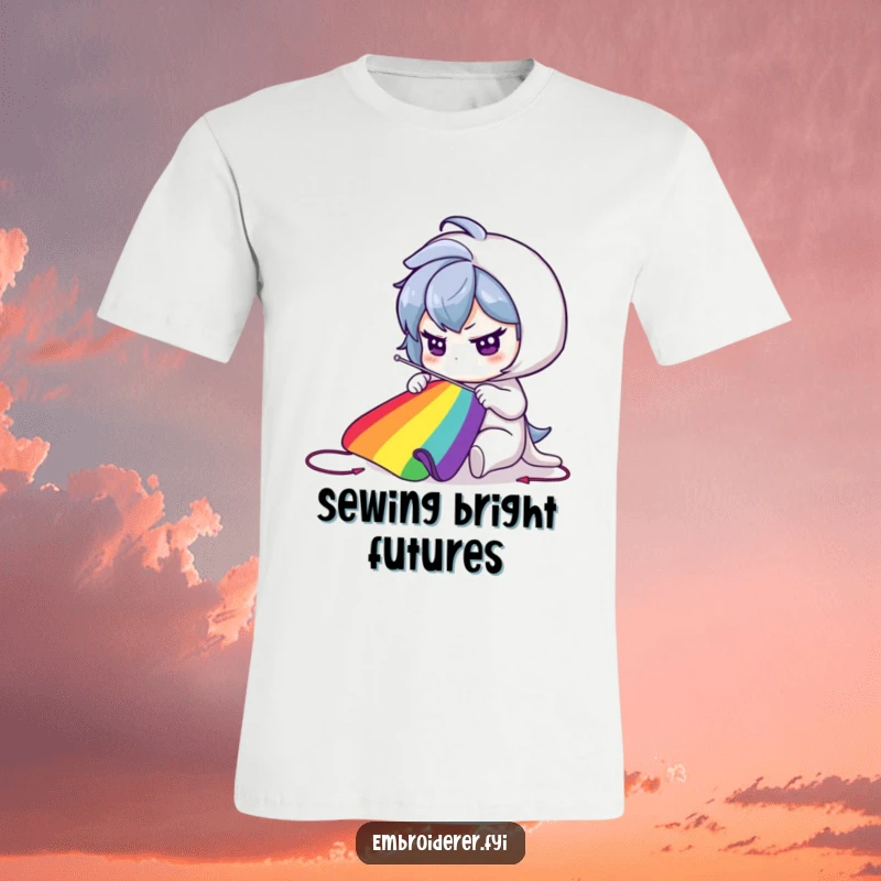Funny T-Shirt: A focused character sews a bright, vibrant rainbow with a large needle, symbolizing creation.