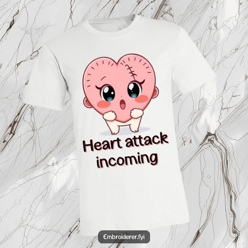 Funny t-shirt showing a surprised character looking wide-eyed at a wobbly, half-finished stitched heart.