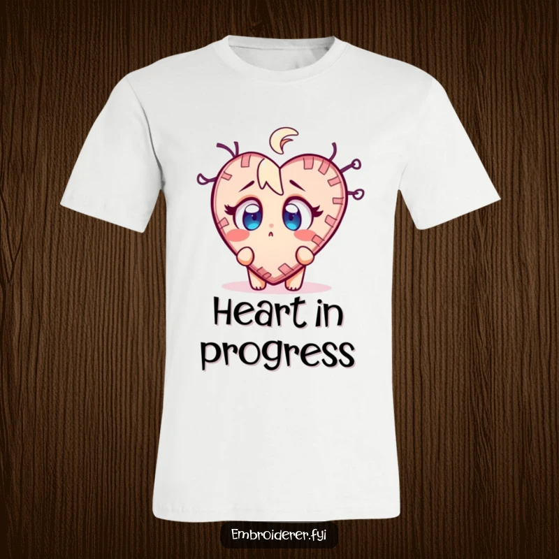 Funny stitch surprise t-shirt with a character wide-eyed at a wobbly, half-finished stitched heart, perfect for crafters.
