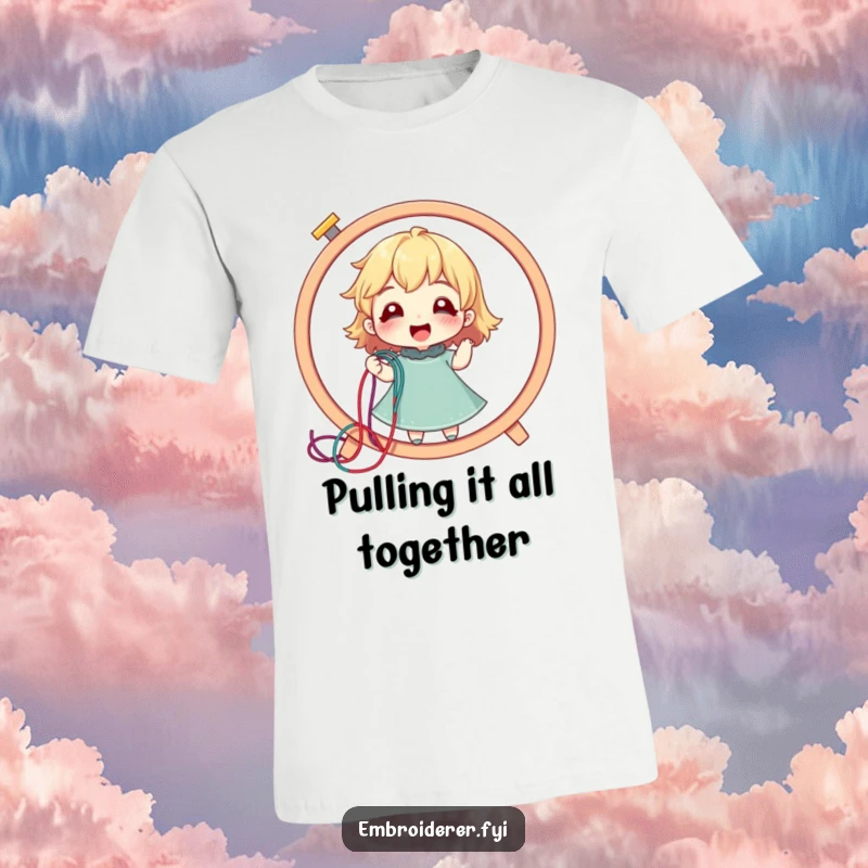 Funny t-shirt with a delighted character pulling a long colorful thread from a large embroidery hoop, for stitchers.