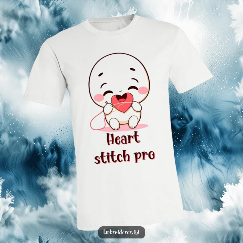 Funny smiling character sewing a heart with a needle and thread on a comfortable t-shirt.