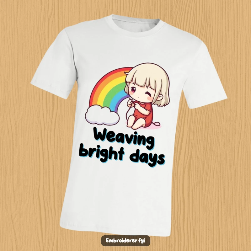 Funny stitching rainbow t-shirt, depicting an artist carefully sewing a vivid rainbow onto textile material, celebrating crafting.