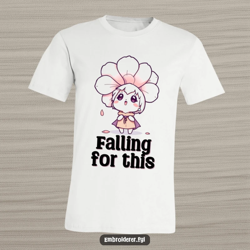 Funny character looking up in surprise as a large embroidered flower petal gently drifts down on a t-shirt.
