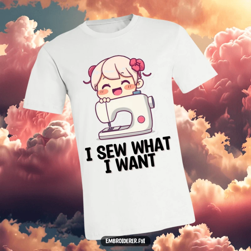 Funny T-Shirt: Joyful character happily operating a sewing machine with a big smile, perfect for expressing a love of sewing.