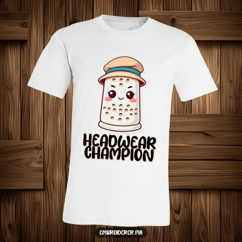 Funny anthropomorphic thimble wearing a tiny hat on a t-shirt, representing determination and stylish perseverance, perfect for funny t-shirt fans.