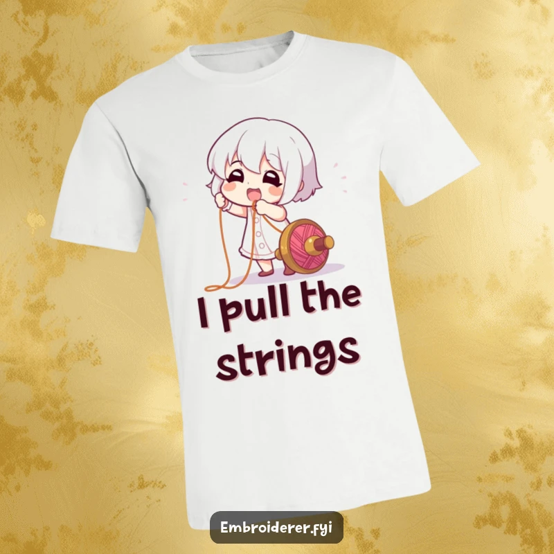 Funny T-Shirt: A character joyfully pulling a long, colorful thread from a spool, celebrating the endless possibilities of crafting.