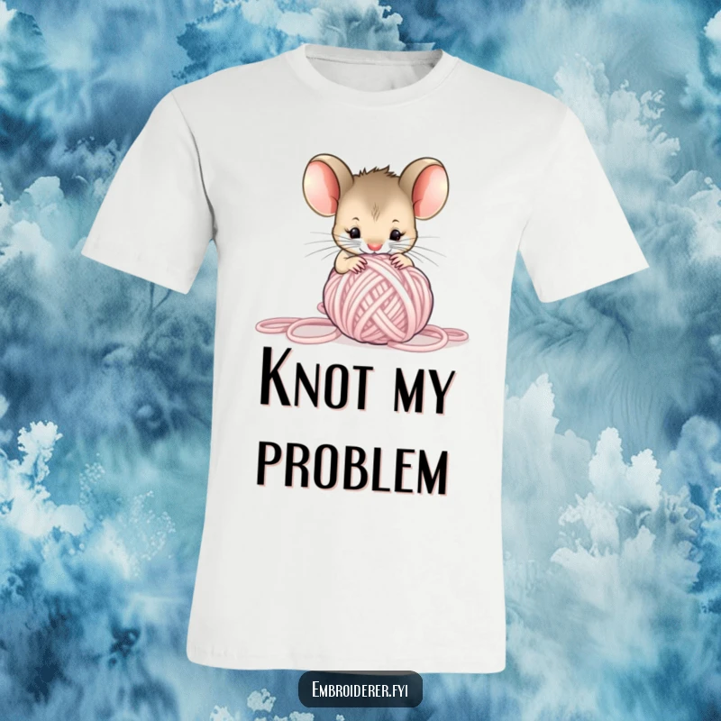 Funny Mouse Yarn T-Shirt, a curious small mouse examining a messy ball of yarn, humorous apparel for knitters.
