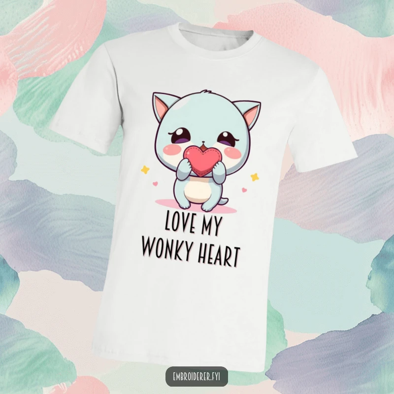 Funny T-Shirt: A character excitedly showing off a small, crooked embroidered heart, embracing the charm of handmade imperfections.