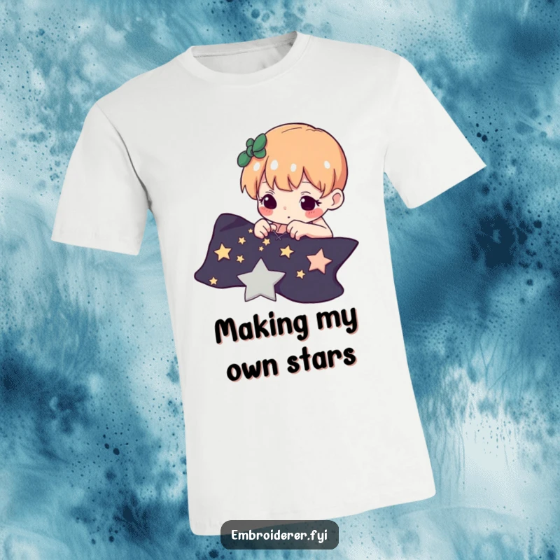 Funny t-shirt showing a determined character meticulously stitching tiny stars onto dark fabric, a testament to focused creativity.